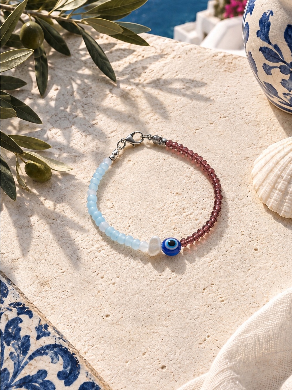Blue and Brown Beaded Evil Eye Bracelet -